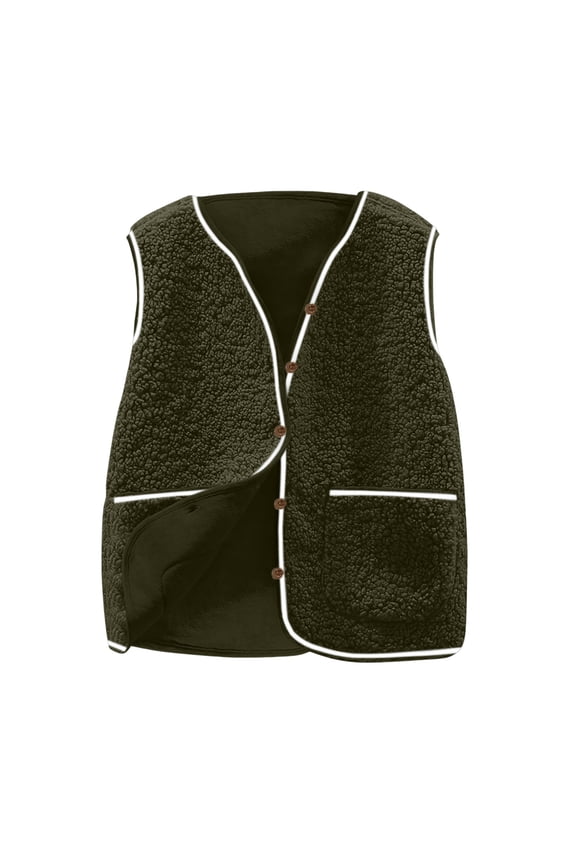 Fall Vest for Women Sherpa Sleeveless Jackets Short Button-Down Vests Teen Girl Cute Casual Coats with Pockets Green XXL