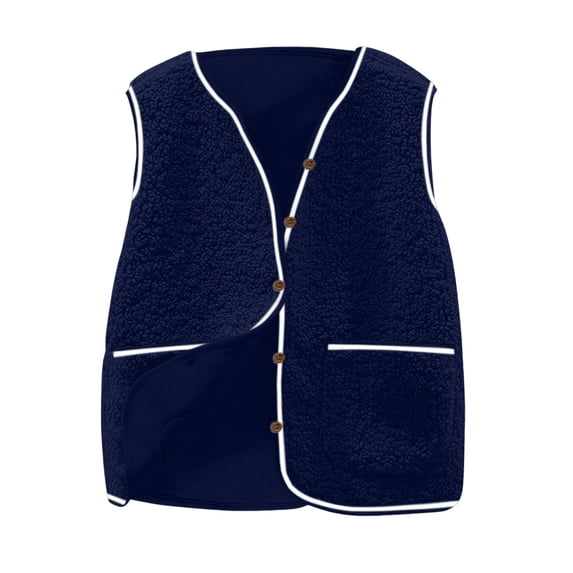 Htigea Fall Vest for Women Sherpa Sleeveless Jackets Short Button-Down Vests Teen Girl Cute Casual Coats with Pockets Navy M