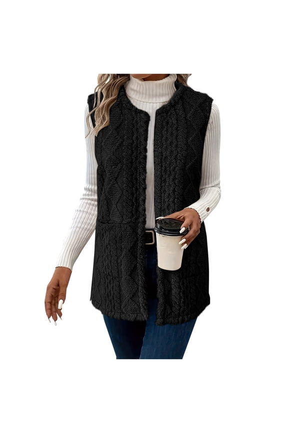 Fall Vests for Women Sherpa Sleeveless Cardigan Solid Open Front Outerwear with Pocket Soft Comfy Home Loungewear Coats Black M