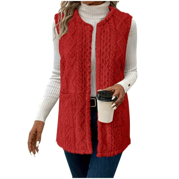 Htigea Fall Vests for Women Sherpa Sleeveless Cardigan Solid Open Front Outerwear with Pocket Soft Comfy Home Loungewear Coats Red M