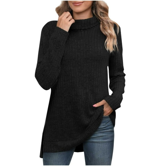 Htigea Fall Winter Sweaters for Women Long Sleeve Turtleneck Thin Jumper Trendy Side Slit Pullover Office T Shirts Blouse Black XXL