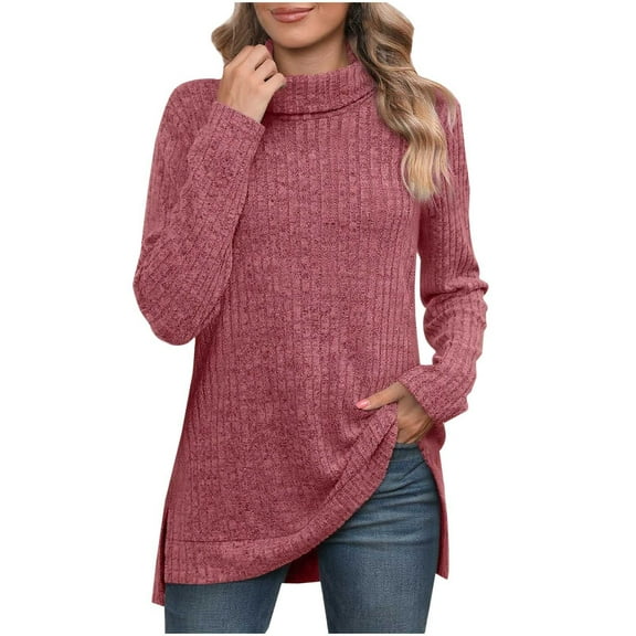 Htigea Fall Winter Sweaters for Women Long Sleeve Turtleneck Thin Jumper Trendy Side Slit Pullover Office T Shirts Blouse Red L