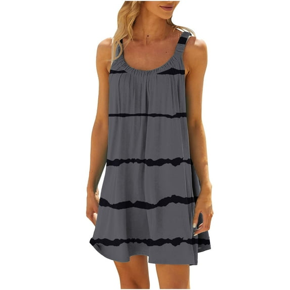 Htigea Fashion Stripe Print Sundresses for Women 2025 Summer Sleeveless Crewneck Loose Dresses Casual Flowy Pleated Beach Dress