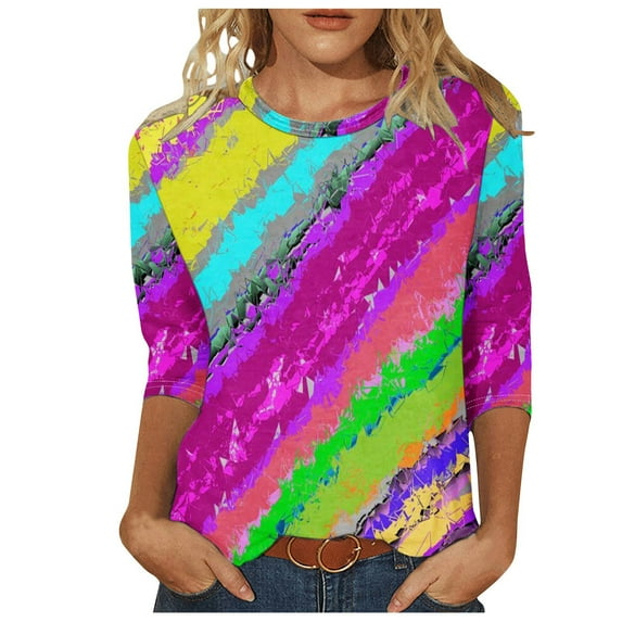 Htigea Fashion Tie-Dye T-shirt for Women Summer 3/4 Sleeve Loose Fit Tunics Tops Plus Size Loose Fit Crewneck Pullover Teen Girl Outdoor Blouse