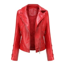 Htigea Faux Leather Biker Coat for Women Zip Up Lapel Motorcycle Jackets Y2k Tops Trendy Streetwear Outwear Red M