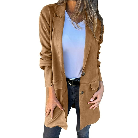 Htigea Faux Suede Jackets for Women Fall Fashion Casual Long Coats Lightweight Outdoor Trench Coat No Pocket Brown XXL
