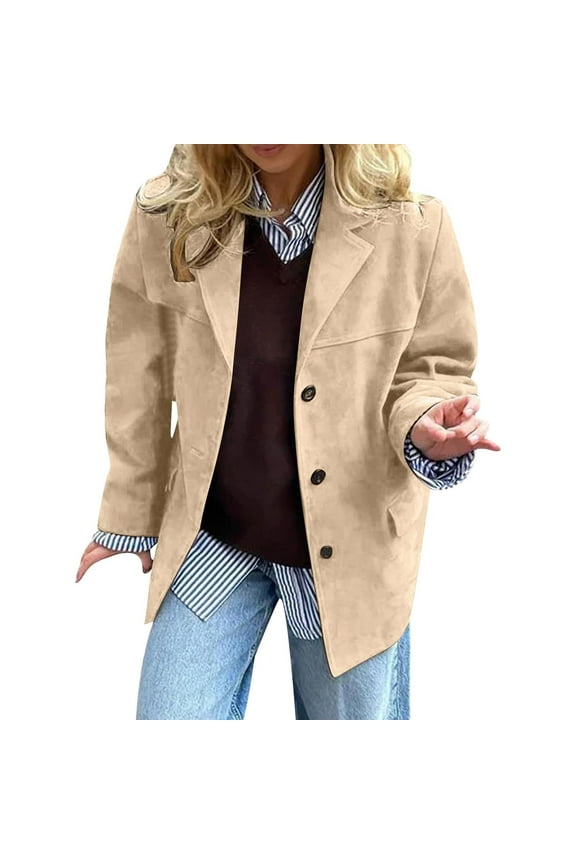 Faux Suede Jackets for Women Solid Color Lapel Button Down Coats Vintage Fall Outerwear Khaki M