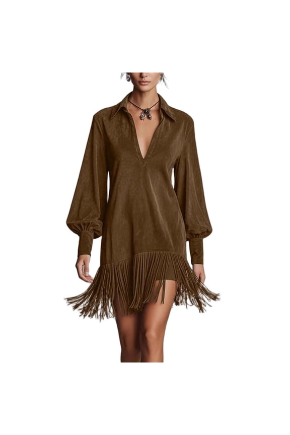 Faux Suede Mini Dress for Women Long Sleeve V Neck Fringe Dresses Vintage Western Casual Party Short Dress Brown L