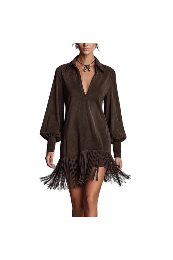 Faux Suede Mini Dress for Women Long Sleeve V Neck Fringe Dresses Vintage Western Casual Party Short Dress Coffee XXL
