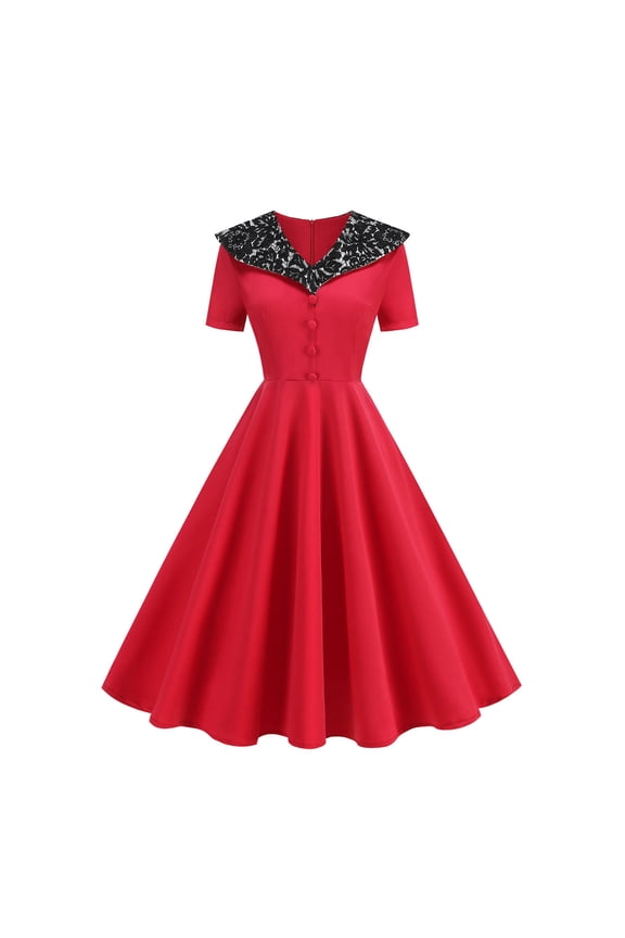 Fit and Flare Dress for Women Lace Collar Swing A-Line Dresses Vintage Short Sleeve Mid-Length Prom Evening Dresses Red S