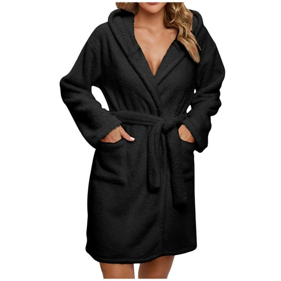 Htigea Fleece Hooded Robe for Women Soft Warm Short Bathrobe Plush Loungewear Belted Kimono Gown with Pockets Black,XL