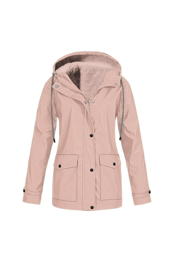 Fleece Lined Jacket for Women Warm Winter Waterproof Coat Full Zip Up Hooded Windbreaker with Pockets Pink 2XL