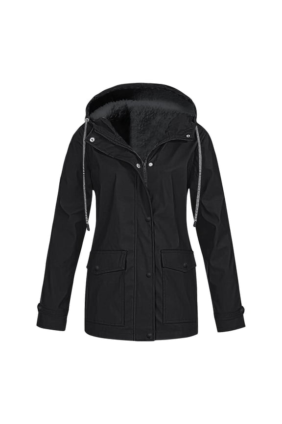 Fleece Lined Waterproof Coat for Women Full Zip Up Hooded Jackets Winter Outdoor Rain Windbreaker with Pockets Black 3XL