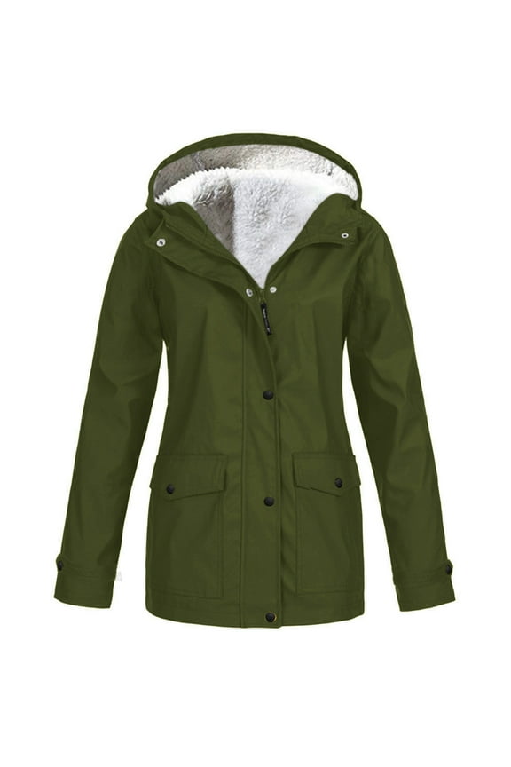 Fleece Lined Windproof Jacket for Women Winter Waterproof Windbreaker Coat with Hood Outdoor Pocket Hiking Jackets Army Green 3XL