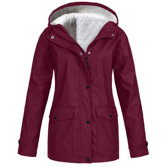 Htigea Fleece Lined Windproof Jacket for Women Winter Waterproof Windbreaker Coat with Hood Outdoor Pocket Hiking Jackets Wine 5XL