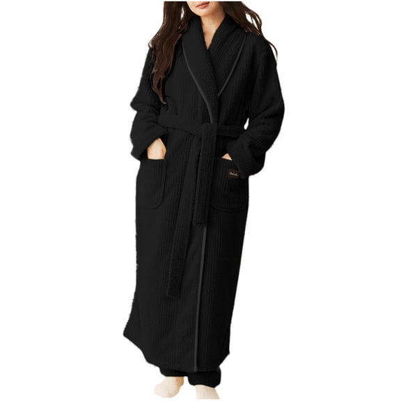 Htigea Fleece Long Bathrobe for Women Thick Warm Winter Nightgown Homewear Soft Comfy Plush Fuzzy Robes for Shower Black,M