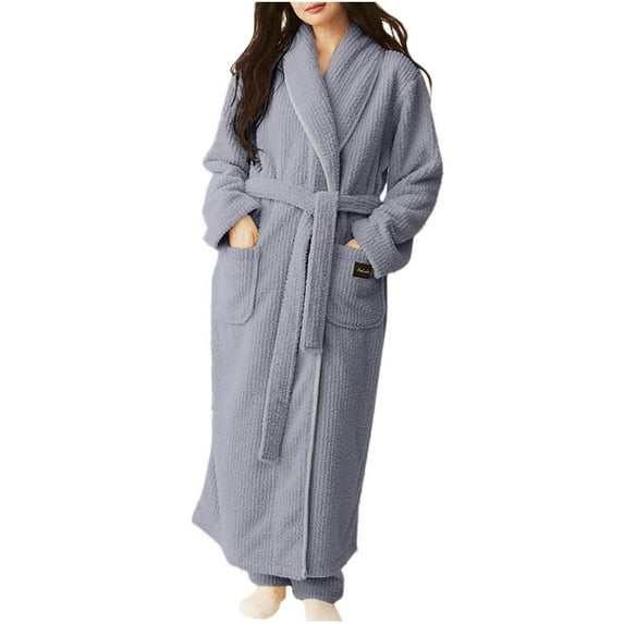 Htigea Fleece Long Bathrobe for Women Thick Warm Winter Nightgown Homewear Soft Comfy Plush Fuzzy Robes for Shower Gray,L