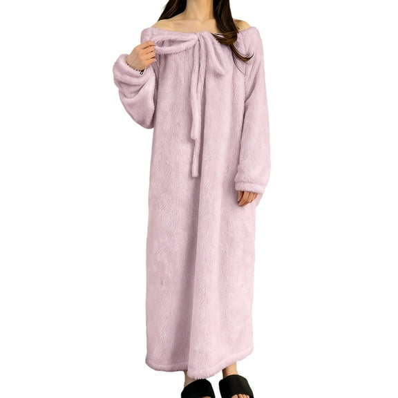 Htigea Fleece Nightgown for Women Off the Shoulder Long Sleeve Dresses Gown winter Warm Soft Comfy Maxi Bathrobes Purple,Free Size