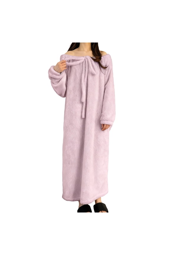 Fleece Nightgown for Women Off the Shoulder Long Sleeve Dresses Gown winter Warm Soft Comfy Maxi Bathrobes Purple,Free Size