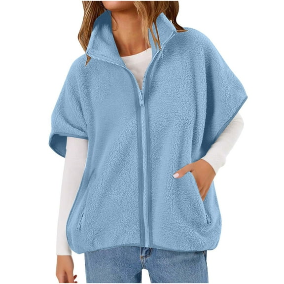 Htigea Fleece Vest for Women Fall Stand Collar Cap Sleeve Jacket Zip Up Outerwear Soft Comfy Daily Coats with Pockets Blue XL