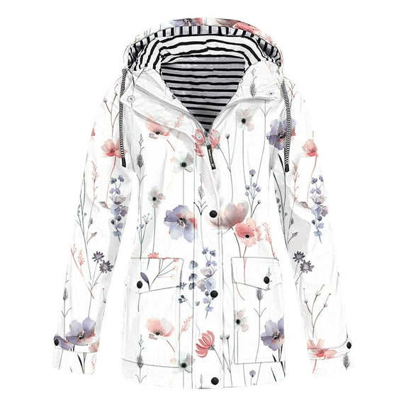 Htigea Floral Print Jackets for Women Plus Size Waterproof Windbreaker Outdoor Athletic Hooded Trench Coat with Pockets Multicolor 2XL
