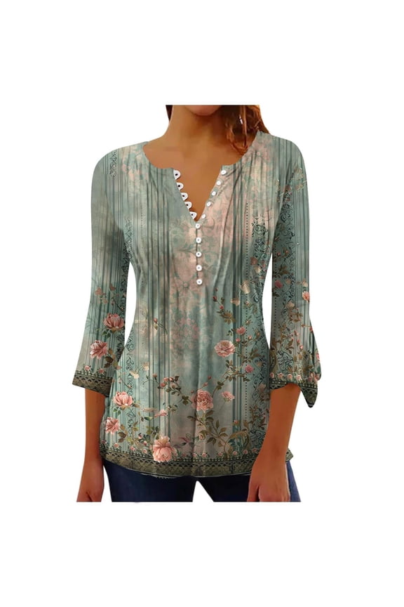 Floral Shirts for Women Pleated V Neck 3/4 Length Sleeve Tee Flowy Tunic Tops Dressy Button Down Pullover Flared Elbow Green,L
