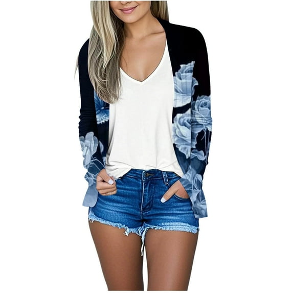 Htigea Flower Printed Cardigans for Women Thin Lightweight Long Sleeve Open Front Cardigan Soft Cozy Drape Fall Cardigan C Multicolor,L
