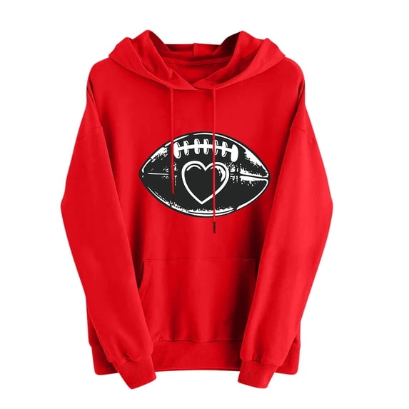 Htigea Football Graphic Sweatshirts for Women Drawstring Pullover Hoodies | Casual Trendy, Hooded Long Sleeve, Pocket, Loose Fit, Fall Winter Tops Red M