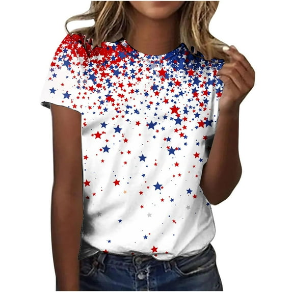 Htigea Fourth of July T-Shirts for Women Stars and Flag Print Short Sleeve Shirts Independence Day Patriotic Shirt Plus Size Summer Tees White,S