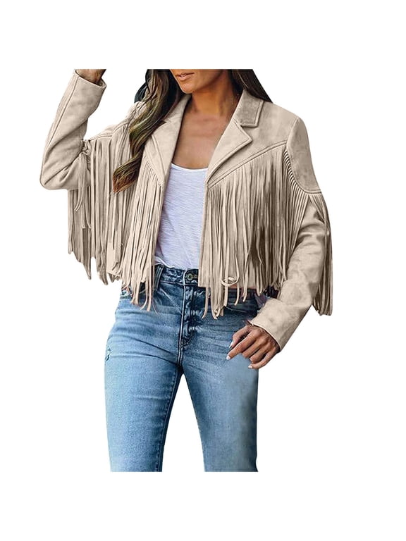 Fringe Jackets for Women Faux Suede Cardigan Jacket Solid Color Long Sleeve Tassel Coats Khaki L