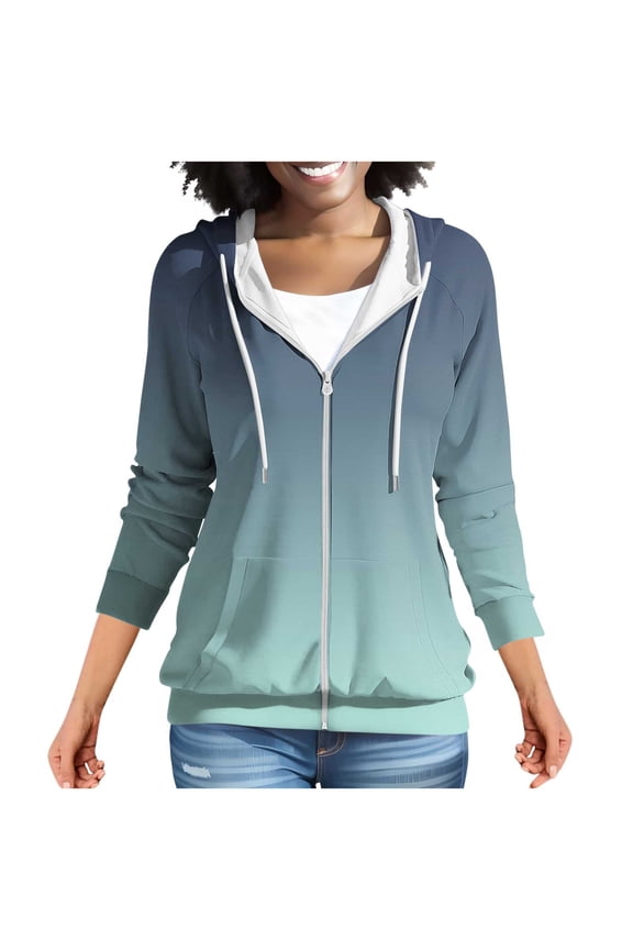 Full Zip Hoodies for Women Gradient Color Hooded Sweatshirts Casual Loose Fit Long Sleeve Tops Lightweight Outdoor Sport Coats with Pockets Army Green S