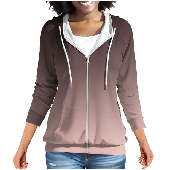 Htigea Full Zip Hoodies for Women Gradient Color Hooded Sweatshirts Casual Loose Fit Long Sleeve Tops Lightweight Outdoor Sport Coats with Pockets Brown XXXL