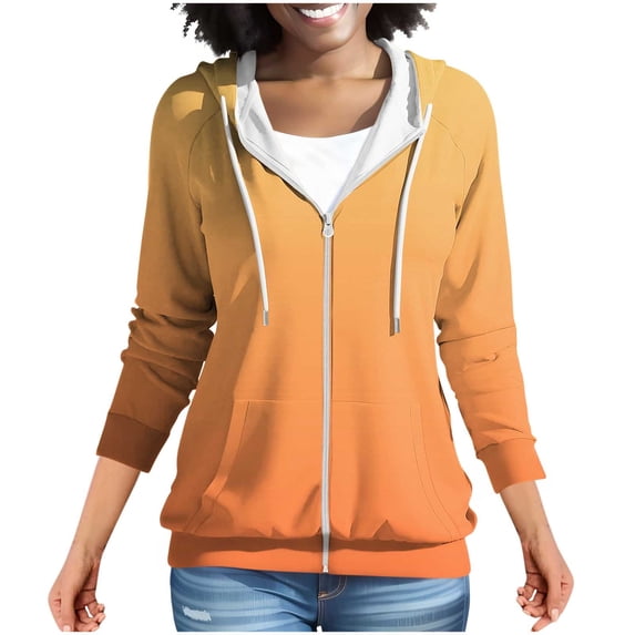 Htigea Full Zip Hoodies for Women Gradient Color Hooded Sweatshirts Casual Loose Fit Long Sleeve Tops Lightweight Outdoor Sport Coats with Pockets Orange S