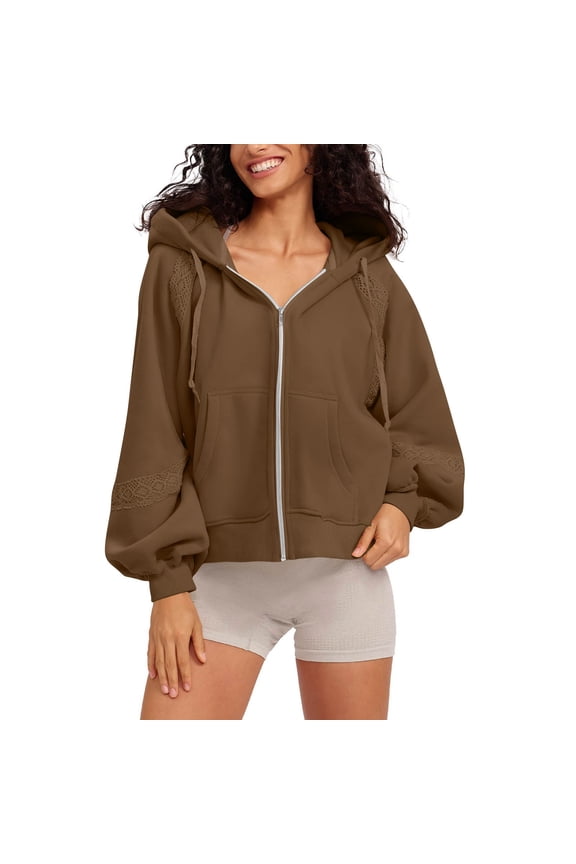 Full Zip Sweatshirts for Women Lace Splice Long Sleeve Hoodies Thin Fleece Hooded Pullover Tops Y2k Sweatshirt Brown M