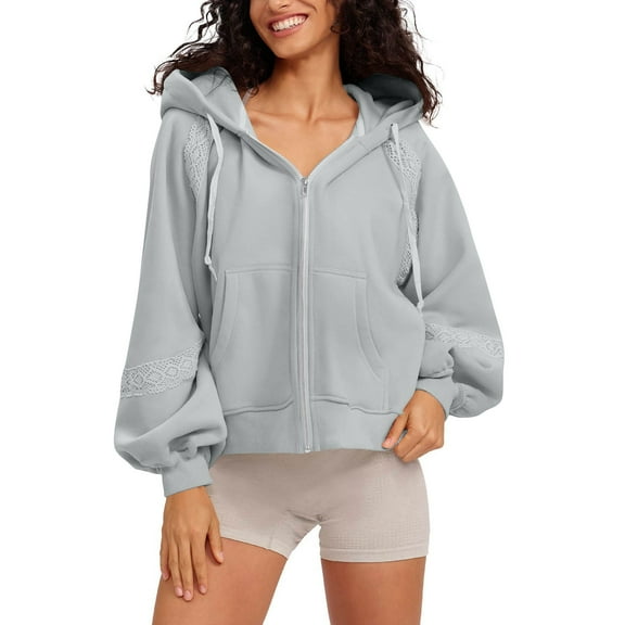 Htigea Full Zip Sweatshirts for Women Lace Splice Long Sleeve Hoodies Thin Fleece Hooded Pullover Tops Y2k Sweatshirt Gray L