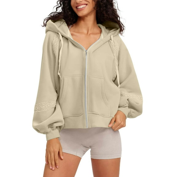 Htigea Full Zip Sweatshirts for Women Lace Splice Long Sleeve Hoodies Thin Fleece Hooded Pullover Tops Y2k Sweatshirt Khaki XL