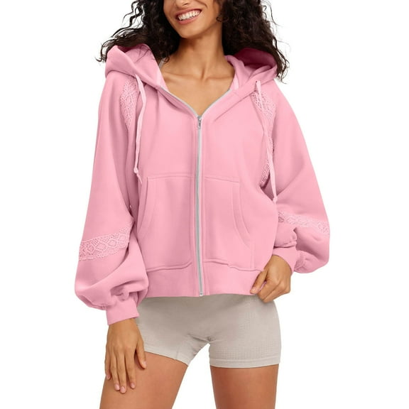 Htigea Full Zip Sweatshirts for Women Lace Splice Long Sleeve Hoodies Thin Fleece Hooded Pullover Tops Y2k Sweatshirt Pink M
