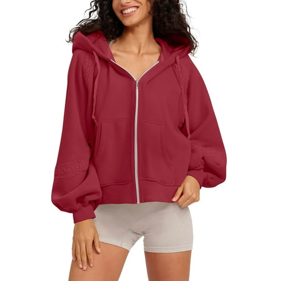 Htigea Full Zip Sweatshirts for Women Lace Splice Long Sleeve Hoodies Thin Fleece Hooded Pullover Tops Y2k Sweatshirt Red XXL