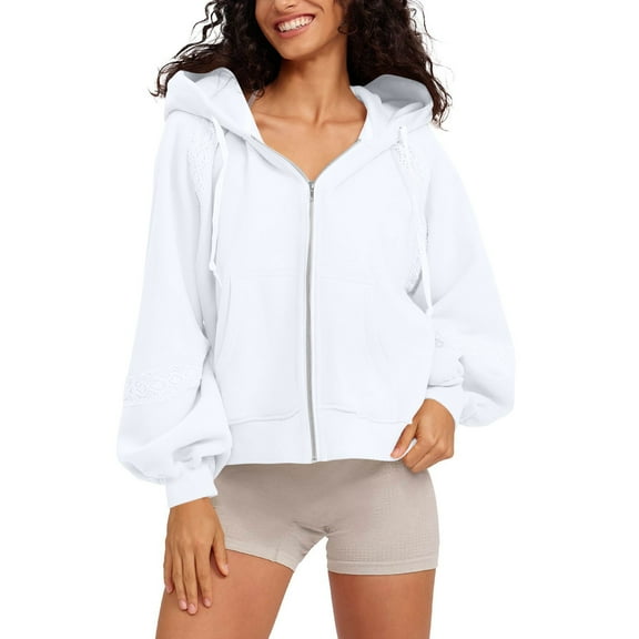 Htigea Full Zip Sweatshirts for Women Lace Splice Long Sleeve Hoodies Thin Fleece Hooded Pullover Tops Y2k Sweatshirt White XXL