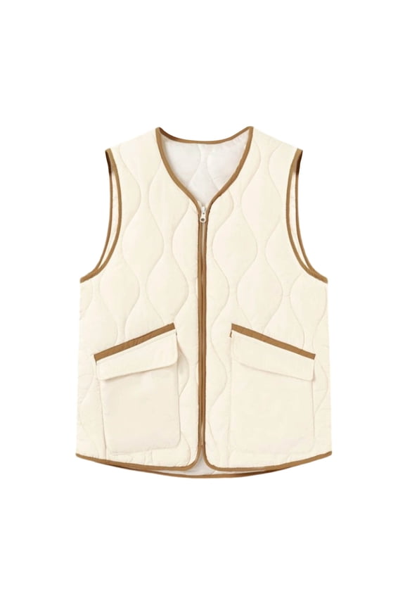 Full Zip Up Vest for Women Sleeveless Warm Quilted Jacket Lightweight Winter Inner Layer Gilet with Pocket Beige XXXXL