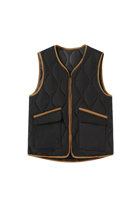 Full Zip Up Vest for Women Sleeveless Warm Quilted Jacket Lightweight Winter Inner Layer Gilet with Pocket Black XXXXL
