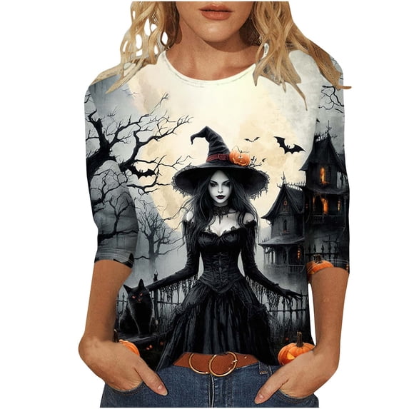 Htigea Funny Witch Print T-Shirts for Women 3/4 Length Sleeve Tunic Tops Halloween Costumes Casual Loose Fit Pullover Fall Tees 01#Multicolor S