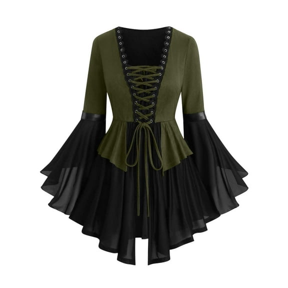 Htigea Gothic Lace Up Tops for Women Chiffon Patchwork Long Sleeve Vintage Ruffle Hem Shirts Trendy Holiday Party Blouse Army Green M