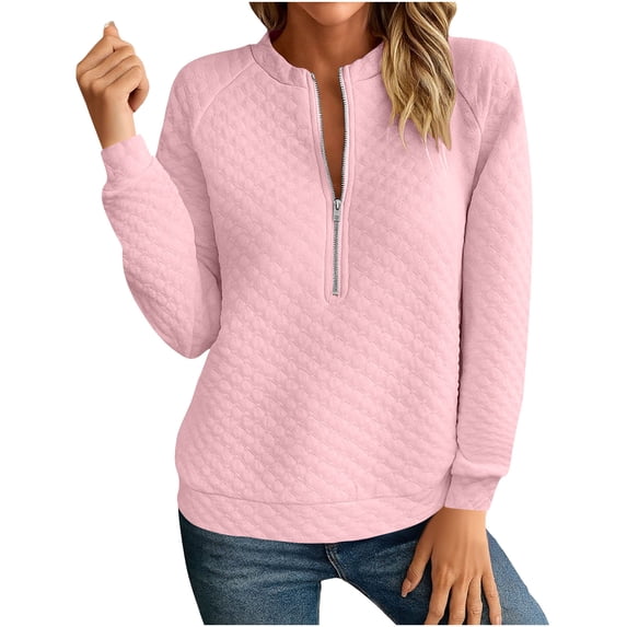 Htigea Half Zip Sweatshirt for Women Textured Long Sleeve Casual Loose Fit Pullover Sweatshirts Fall Crew Neck Tops Pink L