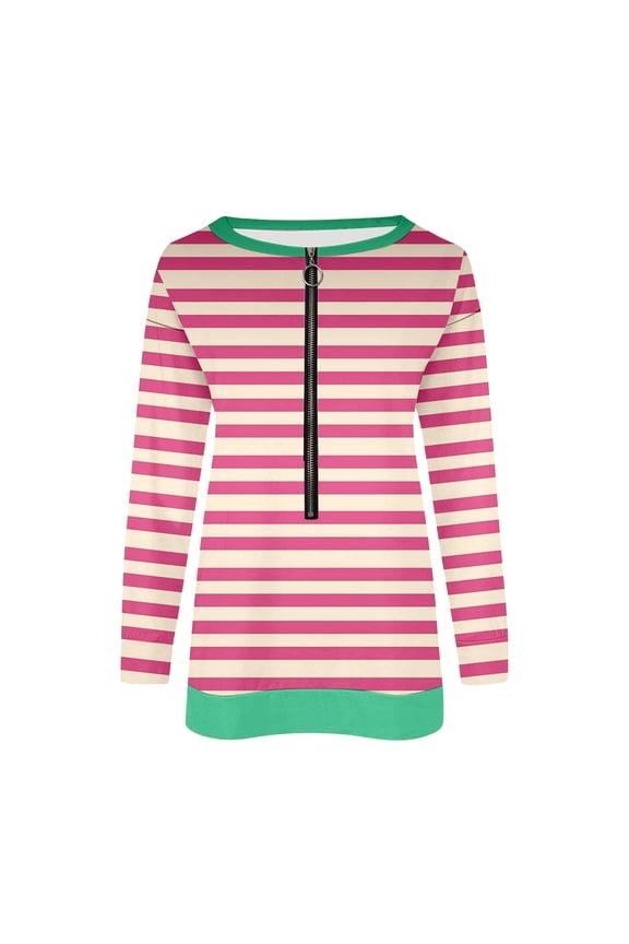 Half Zipper Sweatshirts for Women Preppy Striped Long Sleeve Pullovers Casual Loose Fit School Girl Sweatshirt Tops Pink 2XL
