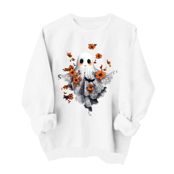 Htigea Halloween Ghost Sweatshirts for Women Cute Crewneck Long Sleeve Tops Fall Spooky Season Pullover Holiday Party Outfits White S