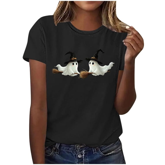 Htigea Halloween T-Shirts for Women Cute Graphic Short Sleeve Pullover Tops | Cute Ghost Graphic , Casual Crewneck Tee, Party Holiday Costume 2026 01#Black S