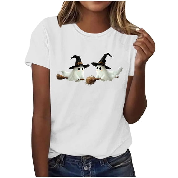 Htigea Halloween T-Shirts for Women Cute Graphic Short Sleeve Pullover Tops | Cute Ghost Graphic , Casual Crewneck Tee, Party Holiday Costume 2026 01#White M