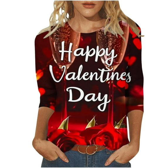 Htigea Happy Valentines Day Tops for Women 3/4 Sleeve Crewneck T-Shirts Fashion Letter Print Shirts Ladies Tunic Tees Casual Date Night Blouses Women's Wine,L