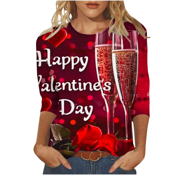 Htigea Happy Valentines Day Tops for Women 3/4 Sleeve Crewneck T-Shirts Fashion Letter Print Shirts Ladies Tunic Tees Casual Date Night Blouses Women's Red,M